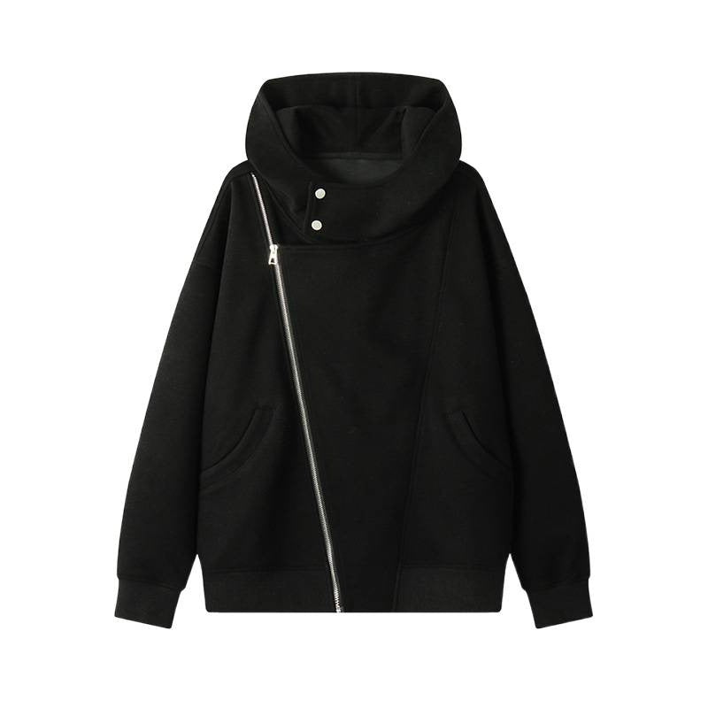 Damen nan asymmetrischer Kapuzenpullover mit hohem Kragen, diagonalem Reißverschluss und Kängurutaschen EB