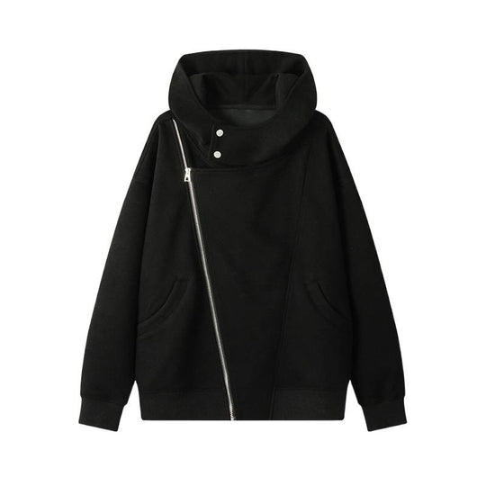 Damen nan asymmetrischer Kapuzenpullover mit hohem Kragen, diagonalem Reißverschluss und Kängurutaschen EB