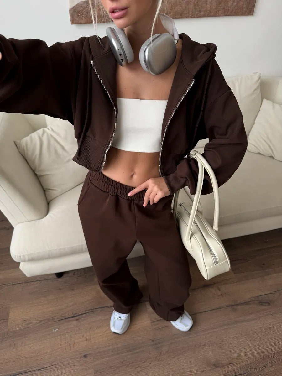 Damen trendiges cropped Sweatoutfit mit Kapuze und seitlichem Reißverschluss EB