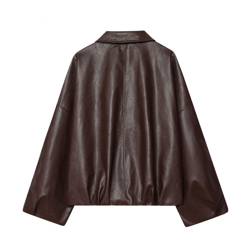Damen modische Kunstlederjacke mit breiten Ärmeln und praktischen Taschen EB