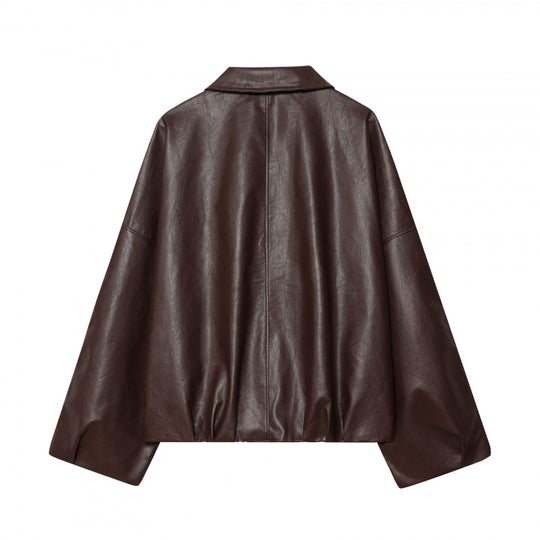 Damen modische Kunstlederjacke mit breiten Ärmeln und praktischen Taschen EB