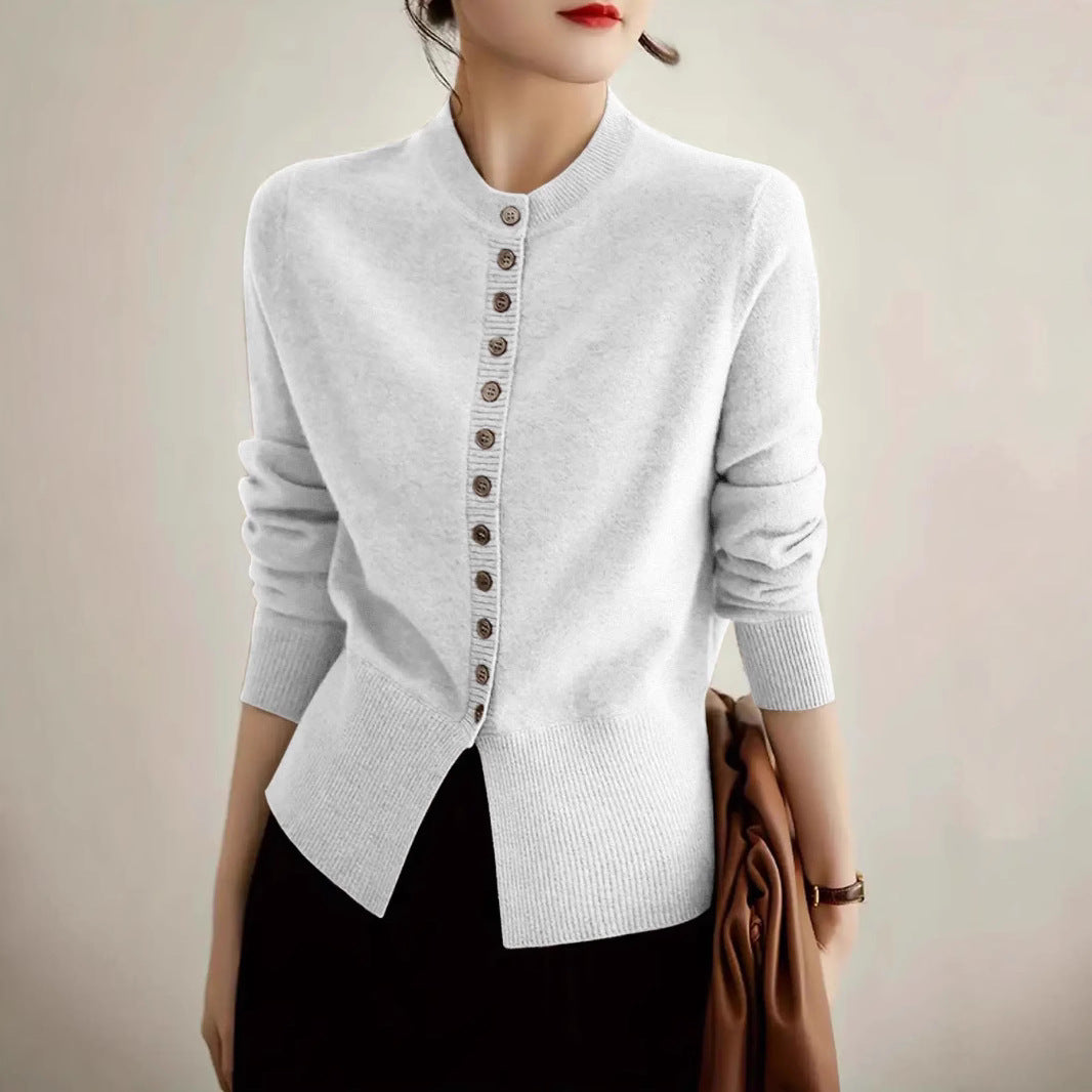 Damen modische Strickjacke mit Knopfleiste und Rippstrickdetails EB