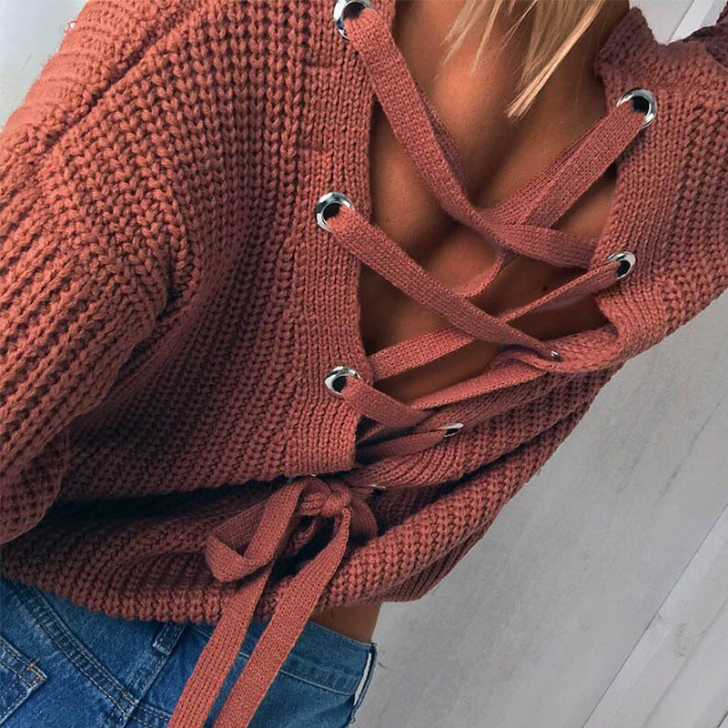 Damen Pullover mit einzigartigem Rückendesign und dekorativem Schnüriemen EB