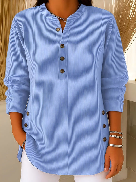 Damen nan plissee Tunika-Bluse mit Stehkragen, Knopfleiste und seitlichen Zierknöpfen EB