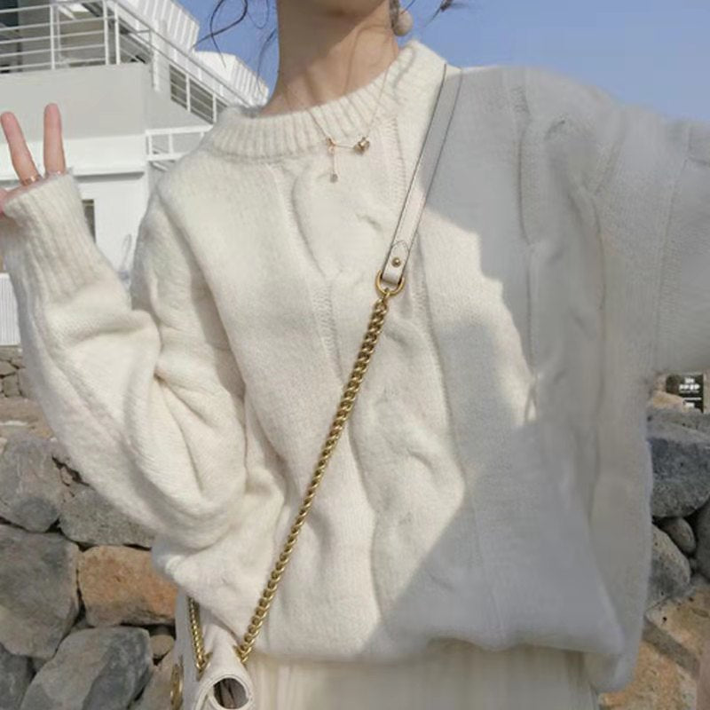 Damen Grobstrickpullover mit modischem Zopfdesign und weitem Schnitt EB
