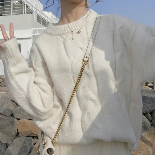 Damen Grobstrickpullover mit modischem Zopfdesign und weitem Schnitt EB