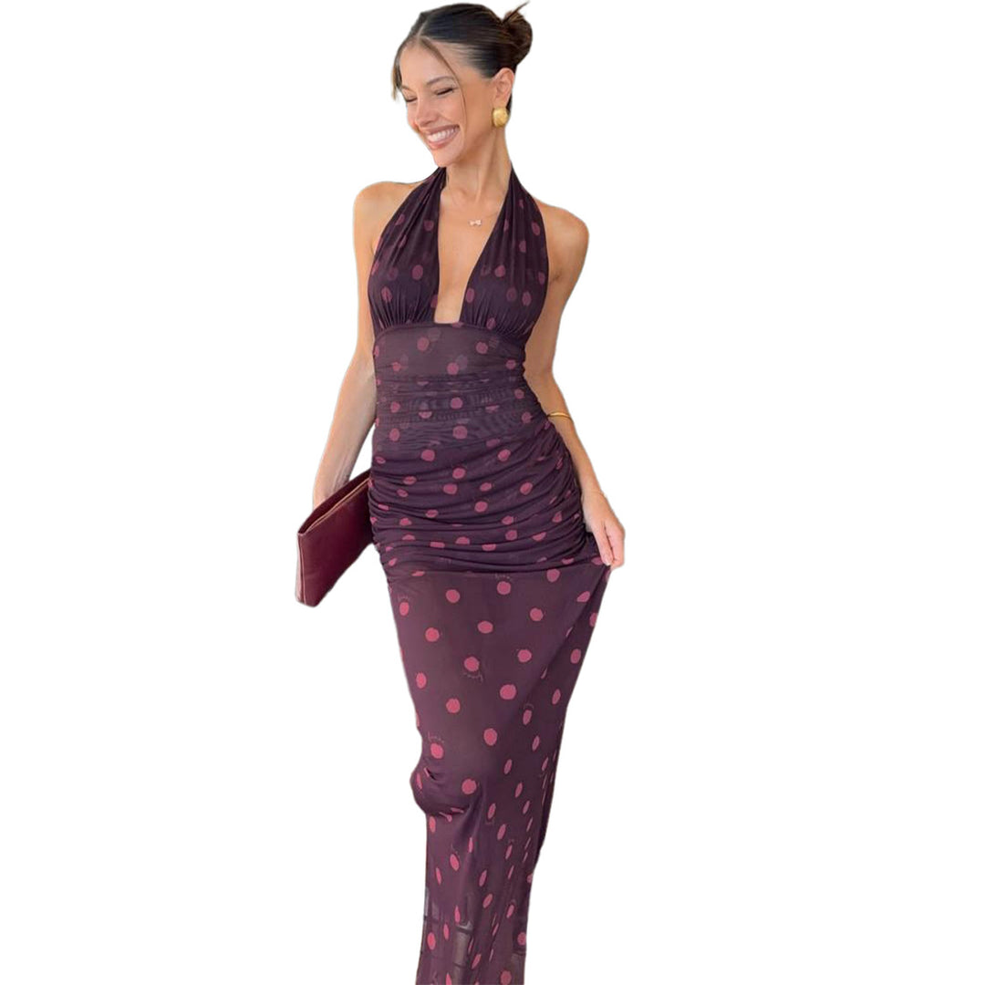 Damen Elegantes Maxikleid im Polka-Dots Design mit tiefem V-Ausschnitt und taillierter Silhouette EB