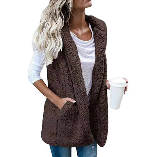 Damen nan flauschige Teddyweste mit Schalkragen und Eingrifftaschen EB