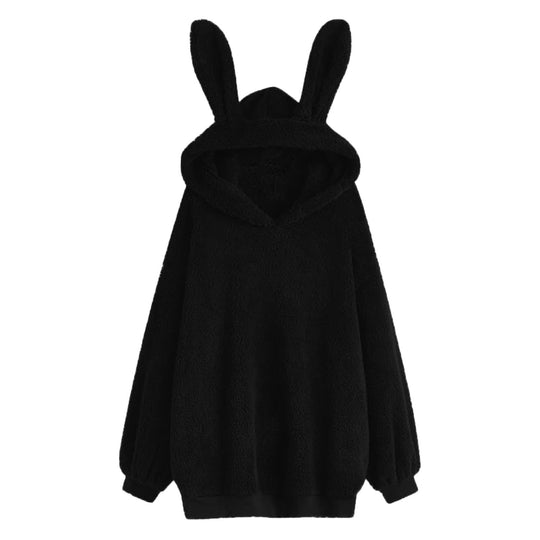 Damen nan flauschiger Oversize-Kapuzenpullover mit langen Hasenohren und gerippten Bündchen EB