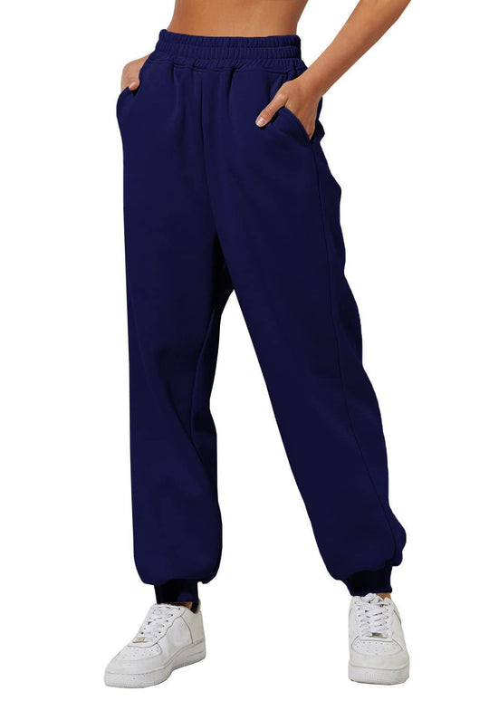 Damen nan weite High‑Waist Jogginghose mit soften Bügelfalten, elastischem Komfortbund und gerippten Knöchelbündchen EB