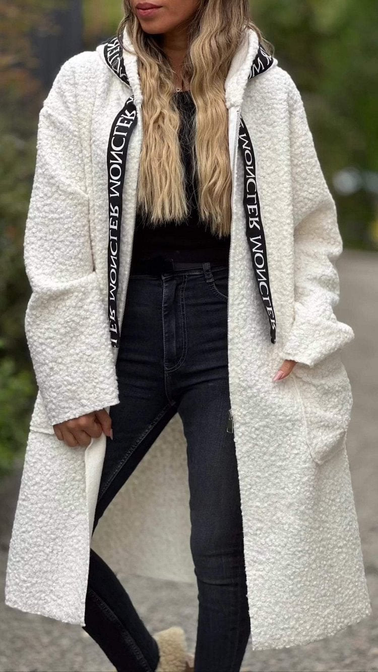 Damen Modischer Oversized-Fleece-Mantel mit praktischen Taschen und Kapuze EB