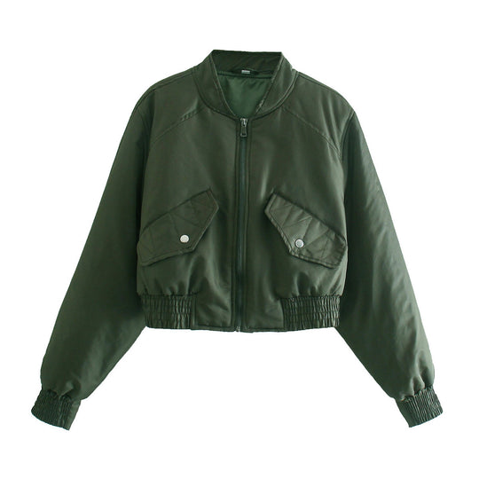 Damen modische cropped Bomberjacke mit praktischen Taschen und elastischen Bündchen EB