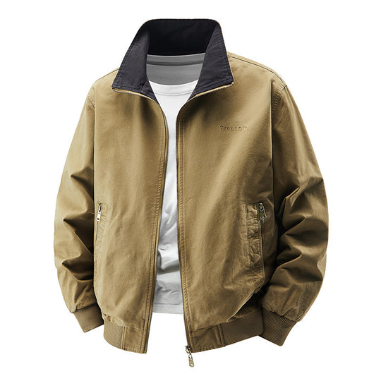 Men's  zip-up cotton twill bomber jacket with contrasting stand collar and ribbed cuffs EB