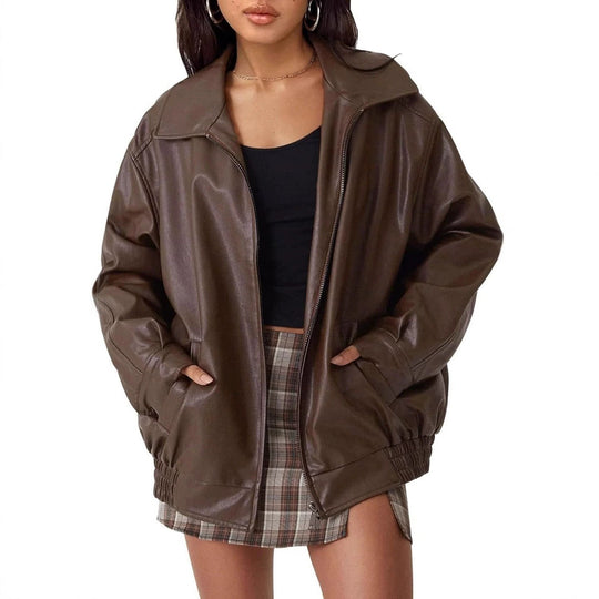 Damen modische und oversized Kunstlederjacke EB