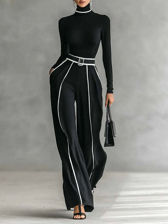 Damen nan elegantes Strickset mit tailliertem Rollkragenoberteil und weiter Plisseehose mit Taillengürtel EB