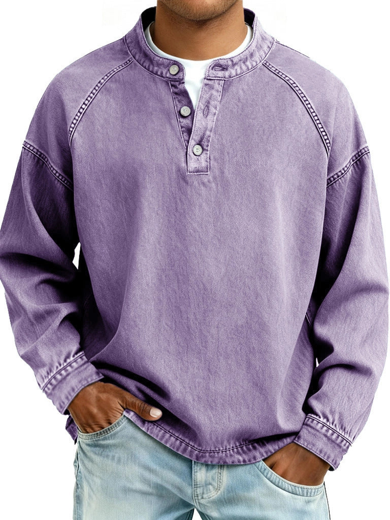 Herren nan verwaschenes Henley-Shirt mit Stehkragen, lockerer Passform und Knopfleiste EB