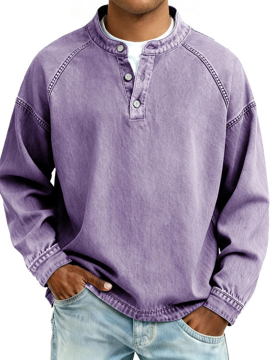 Herren nan verwaschenes Henley-Shirt mit Stehkragen, lockerer Passform und Knopfleiste EB
