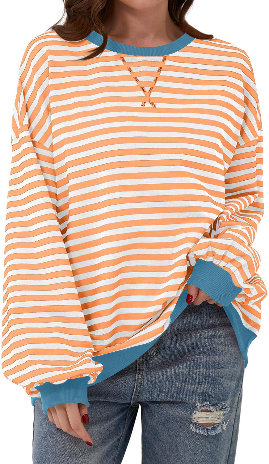 Damen Lässiger Sweatshirt mit bunten Streifen und weitem Schnitt EB