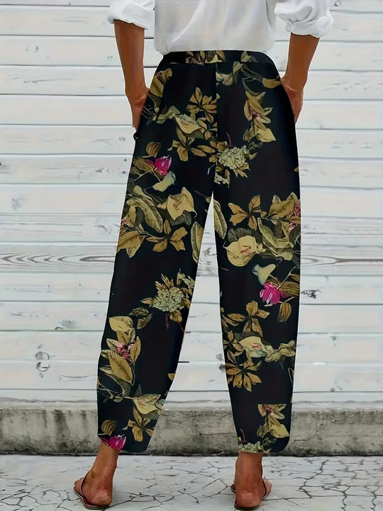 Damen lässige weite Stoffhose mit floralem Muster und elastischem Bund EB