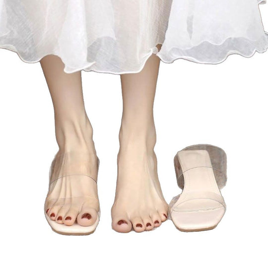 Damen Mules mit transparentem Riemendesign und glamourösem Blockabsatz EB