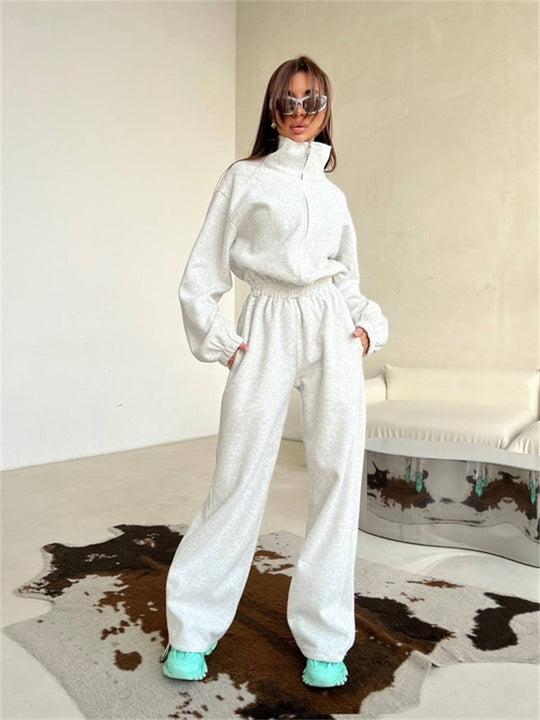 Damen Loungewear-Set mit halbem Reißverschluss, elastischem Taillenbund und weiter Jogginghose EB