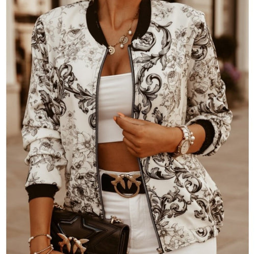 Damen Sportliche Bomberjacke mit floralem Print und Reißverschluss EB