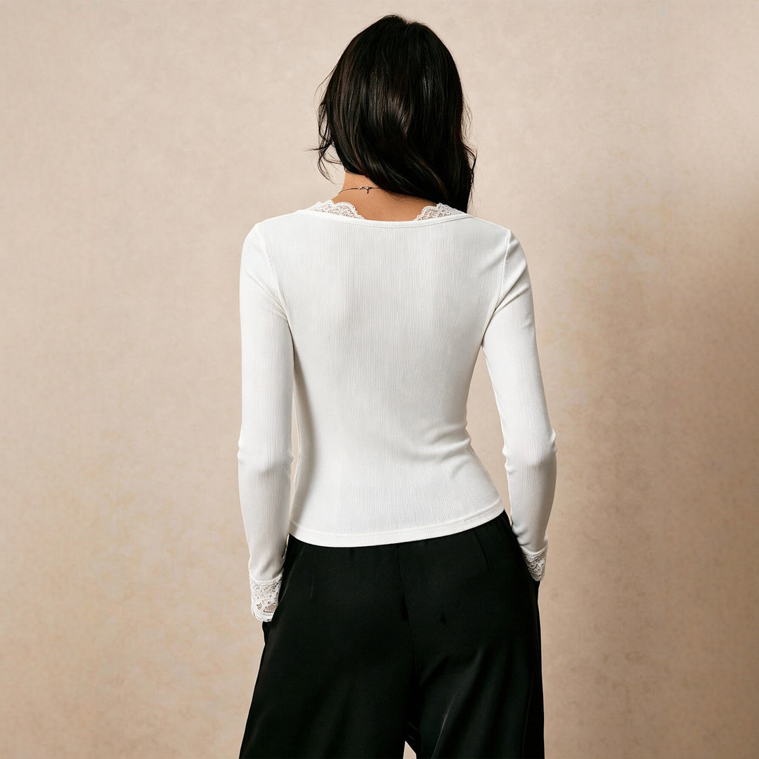 Damen feines geripptes Langarmshirt mit Spitzen-V-Ausschnitt, dekorativer Schleife und Spitzenmanschetten Eichborn Berlin