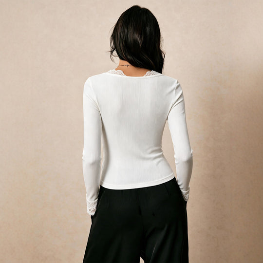 Damen feines geripptes Langarmshirt mit Spitzen-V-Ausschnitt, dekorativer Schleife und Spitzenmanschetten Eichborn Berlin