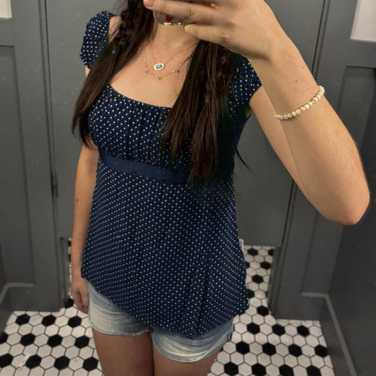 Damen luftiges Polka-Dots Blusenshirt mit schickem Rüschenkragen EB