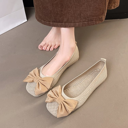 Damen elegante Ballerinas mit zierlichem Schleifen- und Perlenschmuck EB