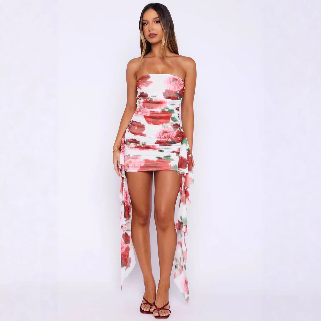Damen kurzes Cocktailkleid mit asymmetrischem Saum und floralem Druck EB