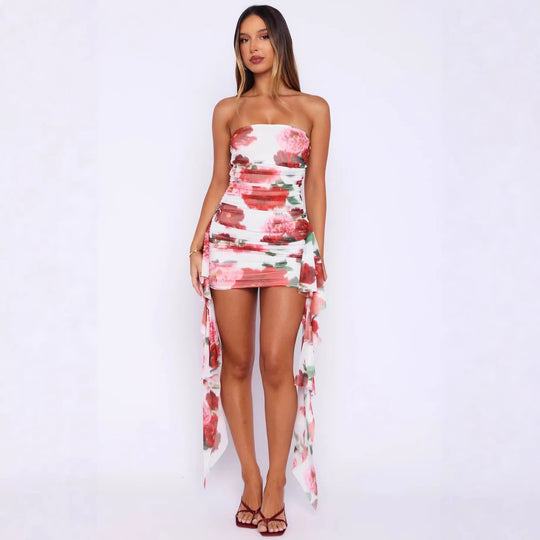 Damen kurzes Cocktailkleid mit asymmetrischem Saum und floralem Druck EB
