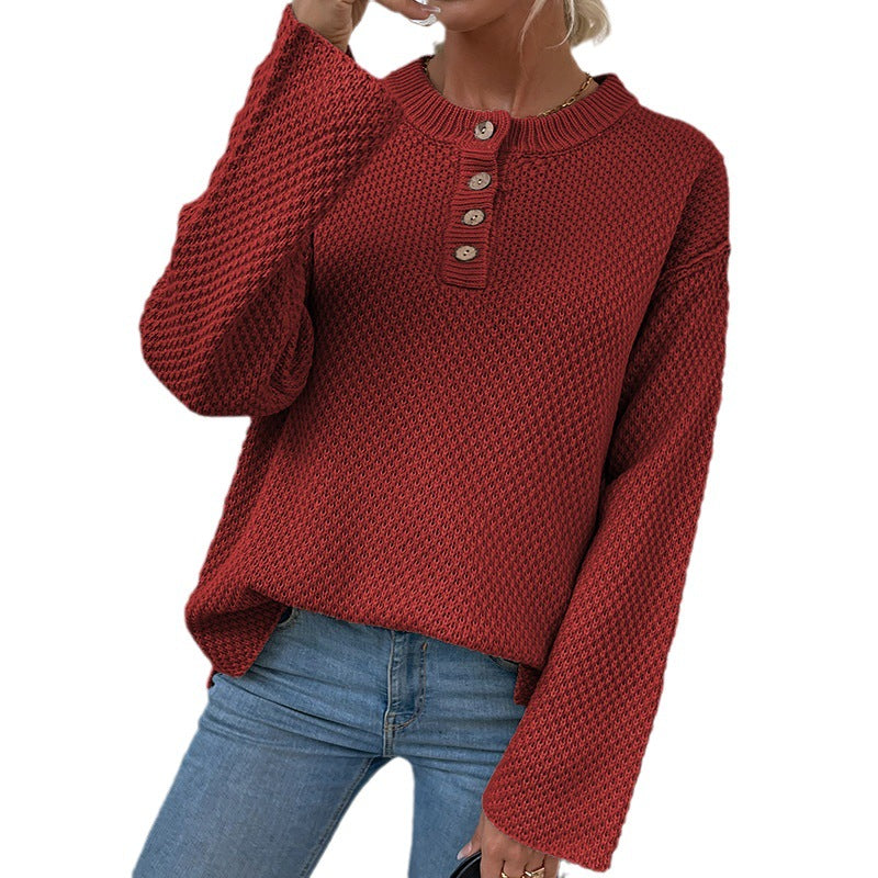 Damen gemütlicher Strickpullover mit Knopfleiste und breiten Ärmeln EB