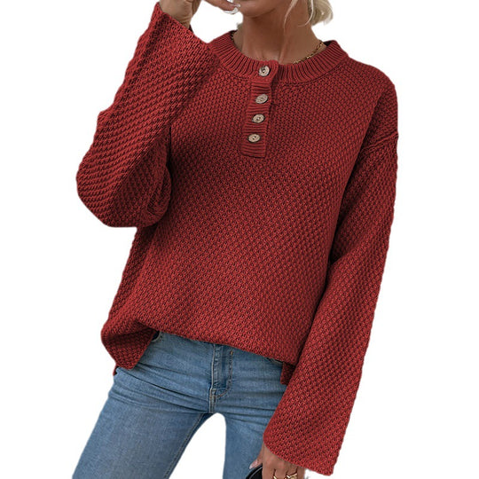 Damen gemütlicher Strickpullover mit Knopfleiste und breiten Ärmeln EB