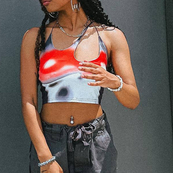 Damen Crop-Top mit asymmetrischem Trägerdesign und lebhaftem Grafikdruck EB