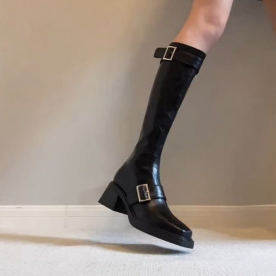 Damen modische Stiefel mit elegantem Schnallenverschluss und robustem Blockabsatz EB