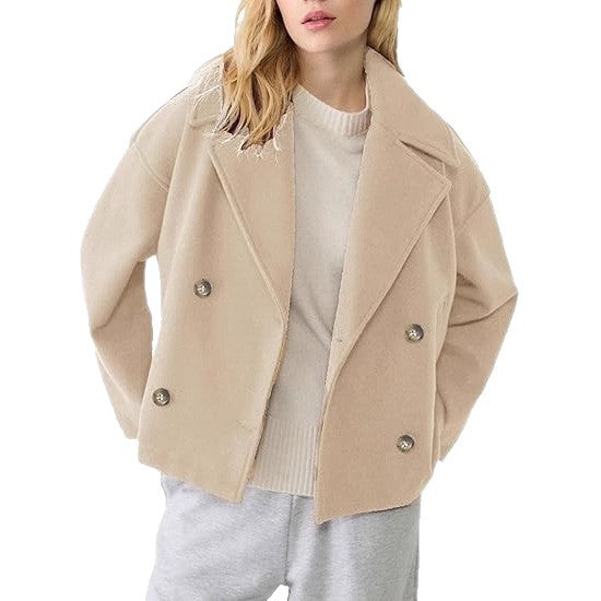 Damen nan kurz geschnittener Zweireiher Wollmix-Peacoat mit überbreitem Revers und kastiger Silhouette EB