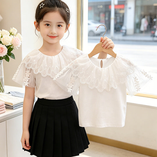 Mädchen T-Shirt mit elegantem Tüllkragen und floralem Detail EB