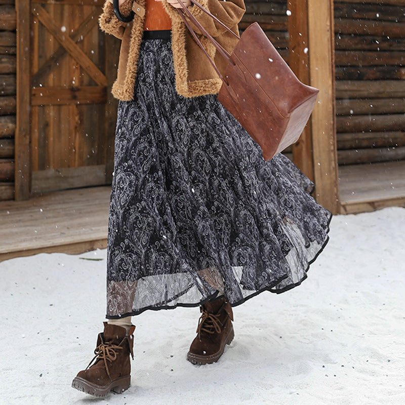 Damen  voluminöser Chiffon-Tellerrock im Paisley-Motiv mit elastischem Taillenbund EB