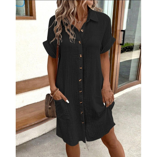 Damen lässiges Freizeitkleid mit Knopfleiste und Taschen EB