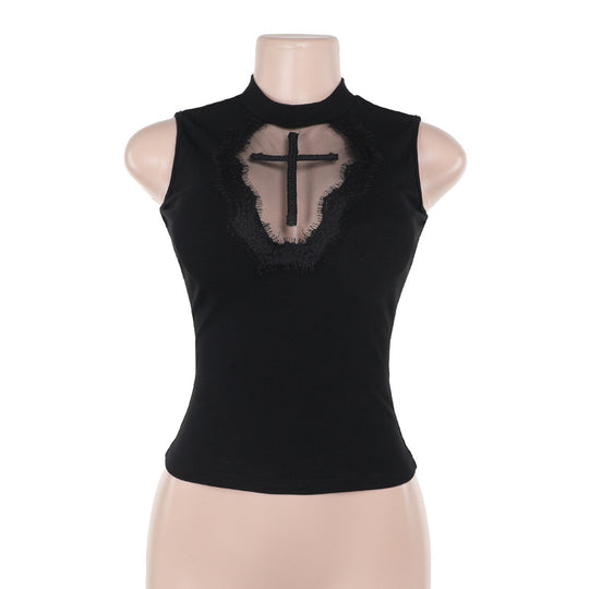 Damen elegantes Oberteil mit transparenten Einsätzen und hohem Kragen EB