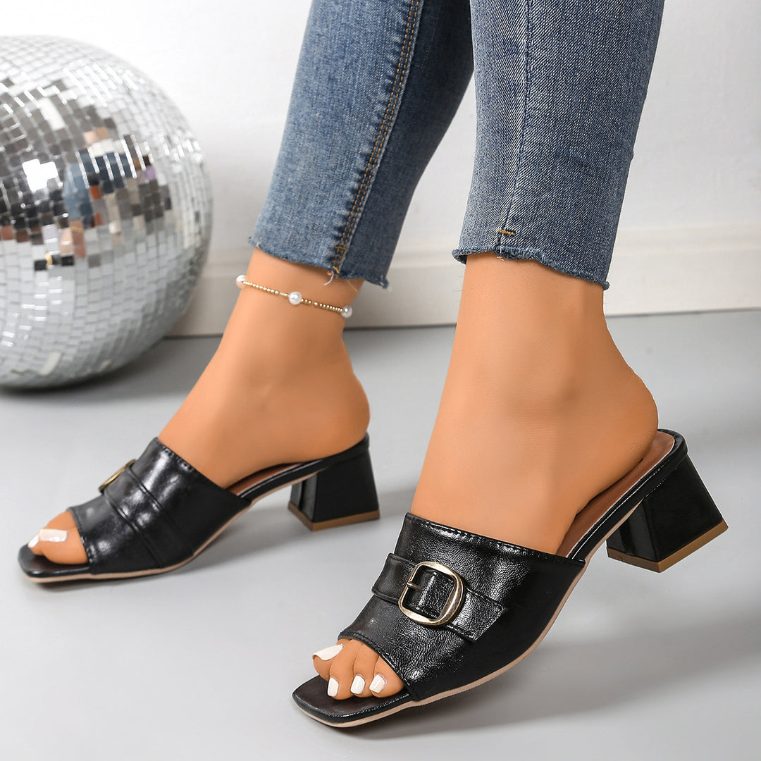 Damen offene Mules mit eleganter Schnallenverzierung und komfortablem Blockabsatz EB
