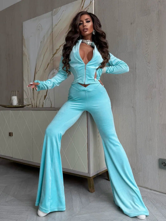 Damen Samt-Cropped-Set mit Reißverschlussjacke und V-förmiger taillenhoher Schlaghose EB