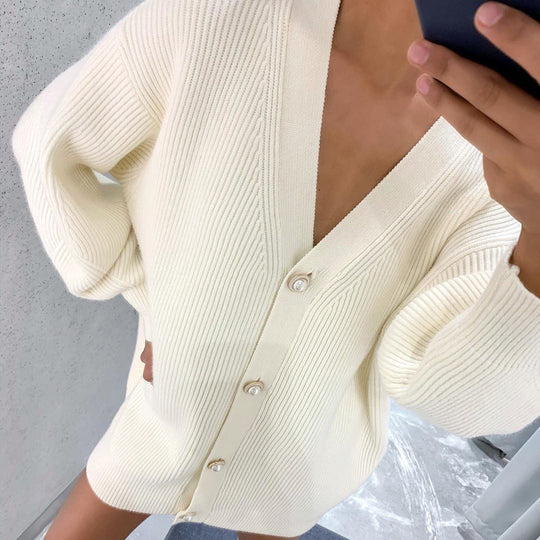 Damen Offene Strickjacke mit Knöpfen und V-Ausschnitt EB