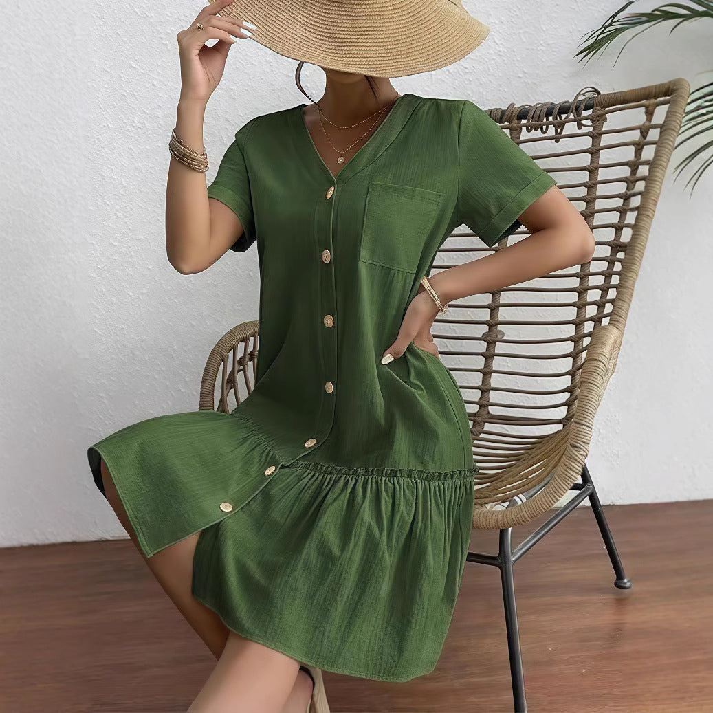 Damen lässiges Hemdblusenkleid mit Knopfdetail und ausgestelltem Rock EB