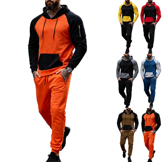 Herren nan zweiteiliges Kapuzen-Sweatset mit Raglanärmeln, Ärmel-Zip-Tasche und tapered Jogginghose EB