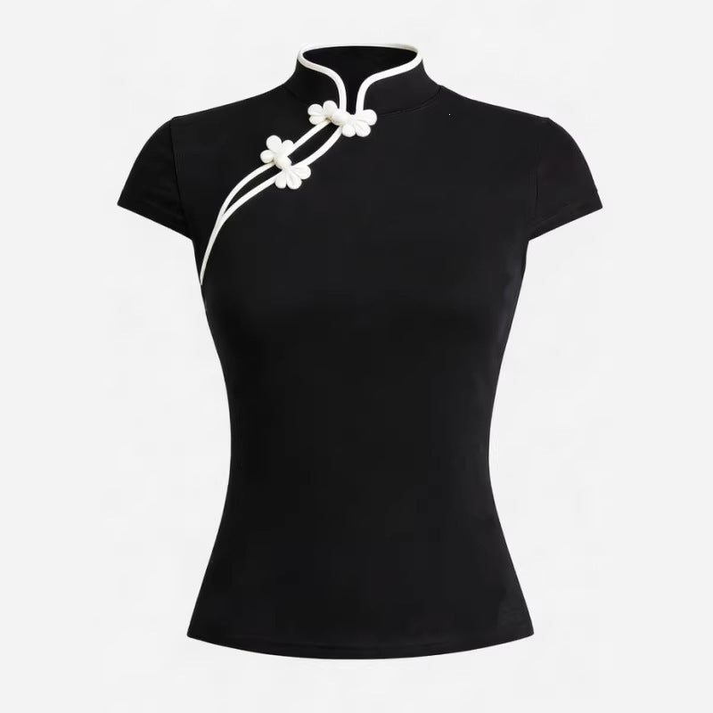 Damen Chinesisch inspirierte Bluse mit modernem Stehkragen und floralen Details EB
