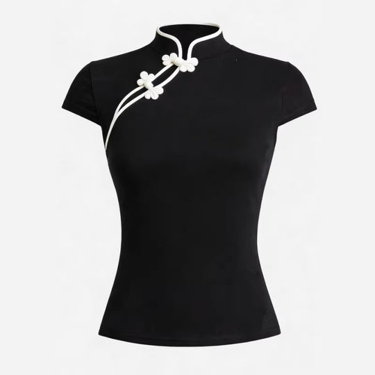 Damen Chinesisch inspirierte Bluse mit modernem Stehkragen und floralen Details EB