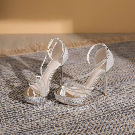 Damen Glamouröse High Heels mit glitzerndem Obermaterial und elegantem Riemchen-Design EB