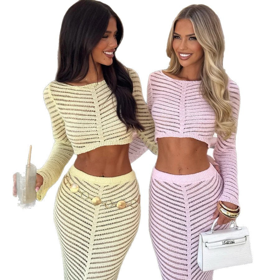 Damen elegantes gehäkeltes Set mit langärmligem Crop-Top und figurbetonendem Rock EB
